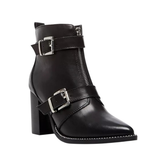 Steve Madden Halle Moto Buckle Black Leather Pointed Toe Zipper Booties - Picture 1 of 14